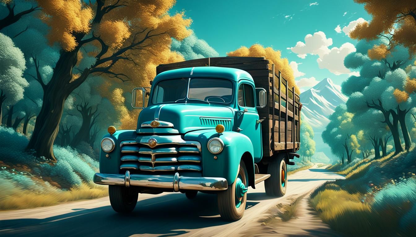 Teal 1950s Truck on Sunny Country Road