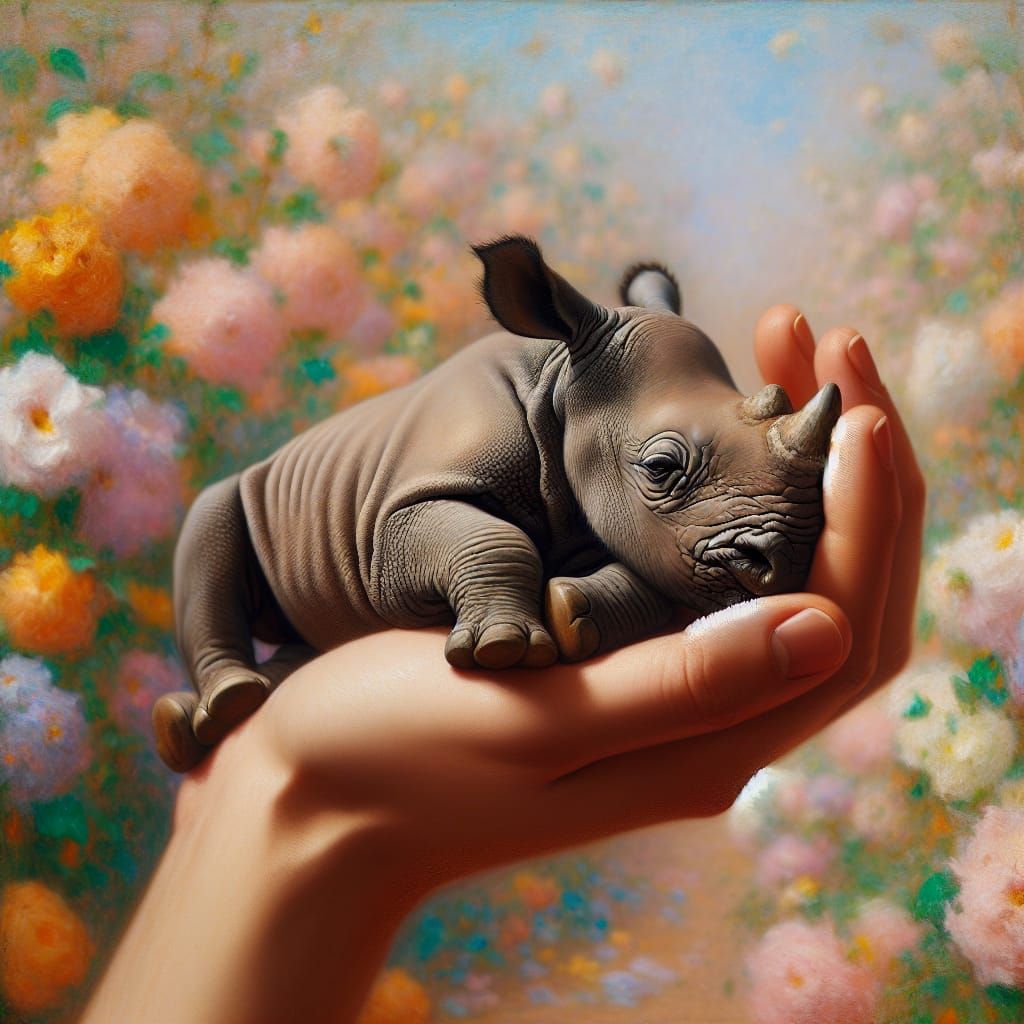 Miniature Rhino Asleep in Palm, Impressionist Style