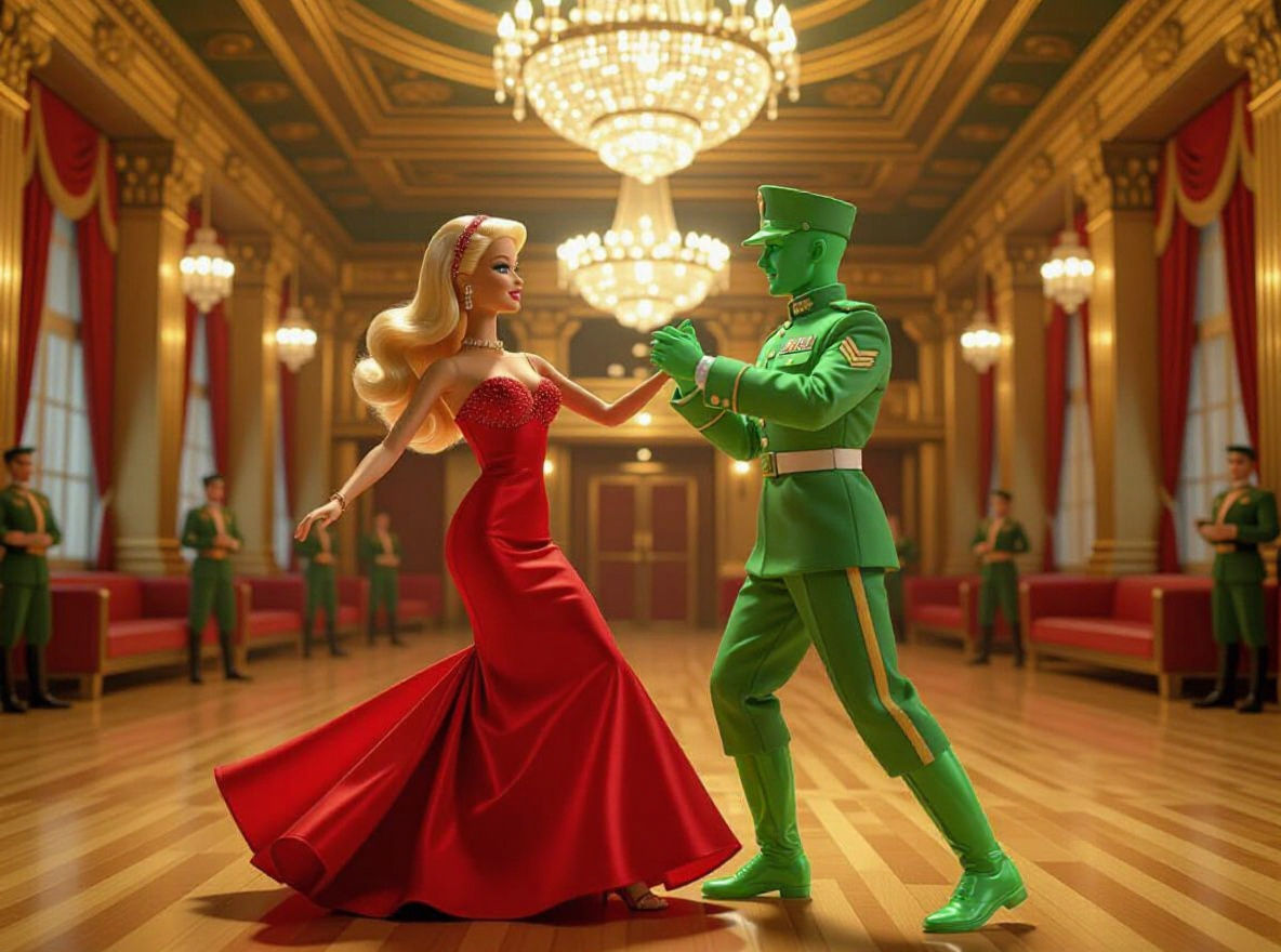 Barbie and Green Soldier Tango in Art Deco Hall