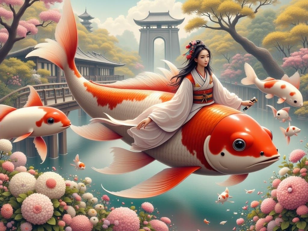 Majestic Geisha Rides Koi Fish amidst Japanese Temple Comple...