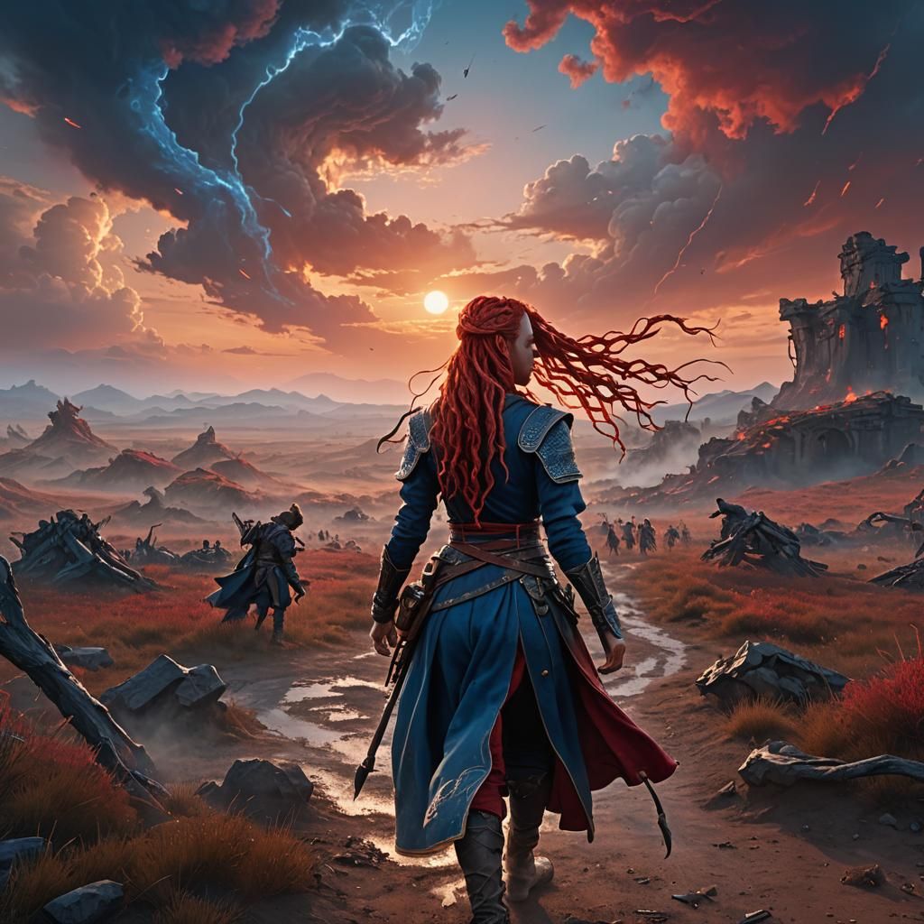 Ethereal Sorceress Walks Battlefield Sunset