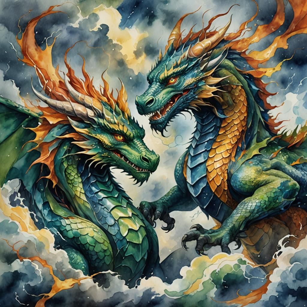 Dragons Battle in Stormy Sky Watercolor Portrait