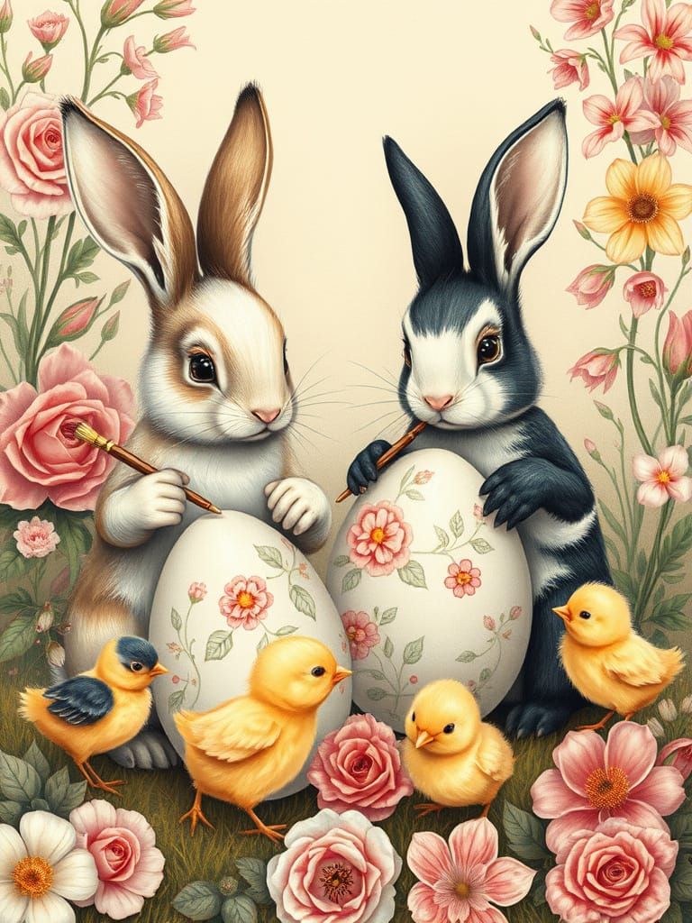 Charming Bunnies Painting Easter Eggs: Charcoal Drawing