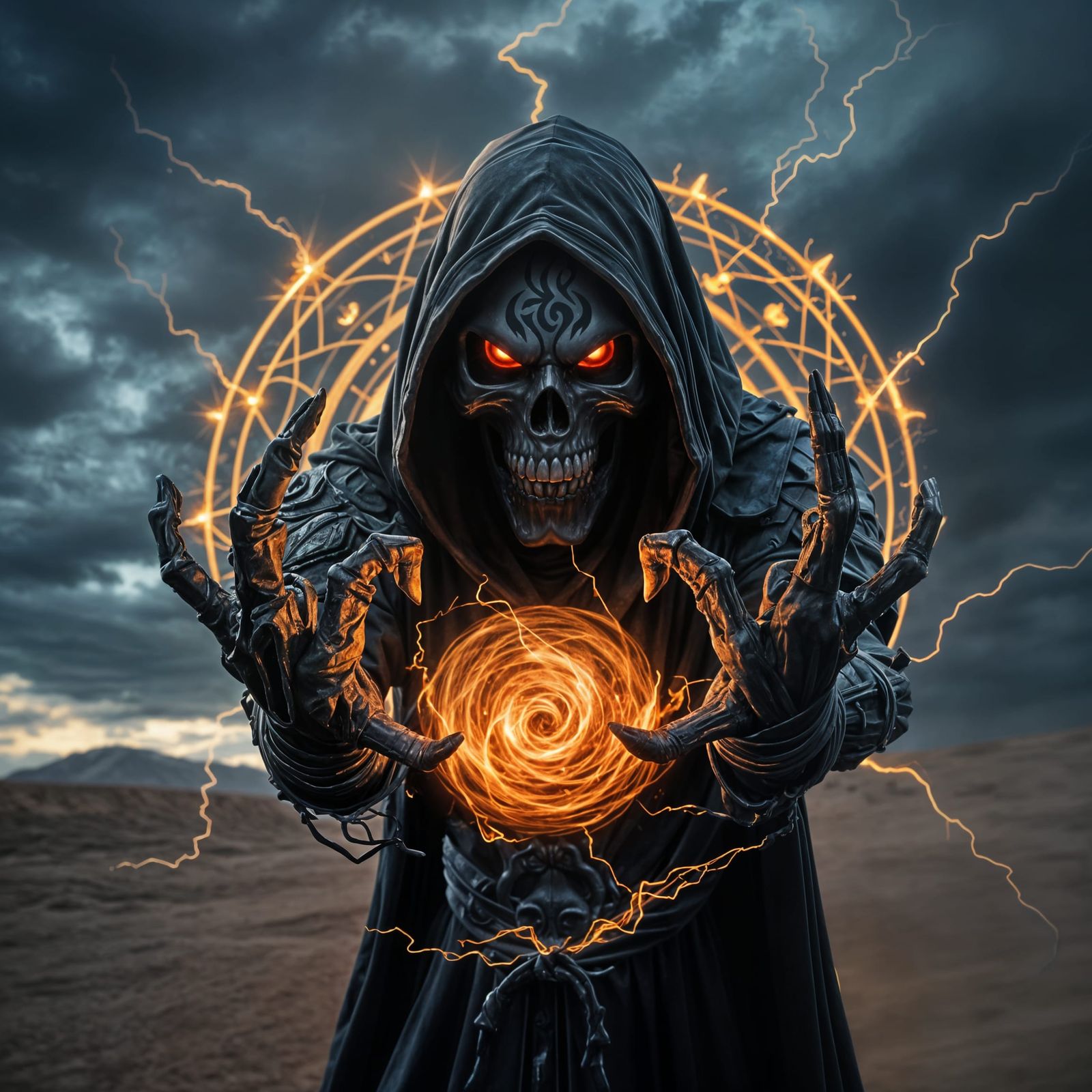 Lich Casting Volatile Spell in Dune Sea at Dusk