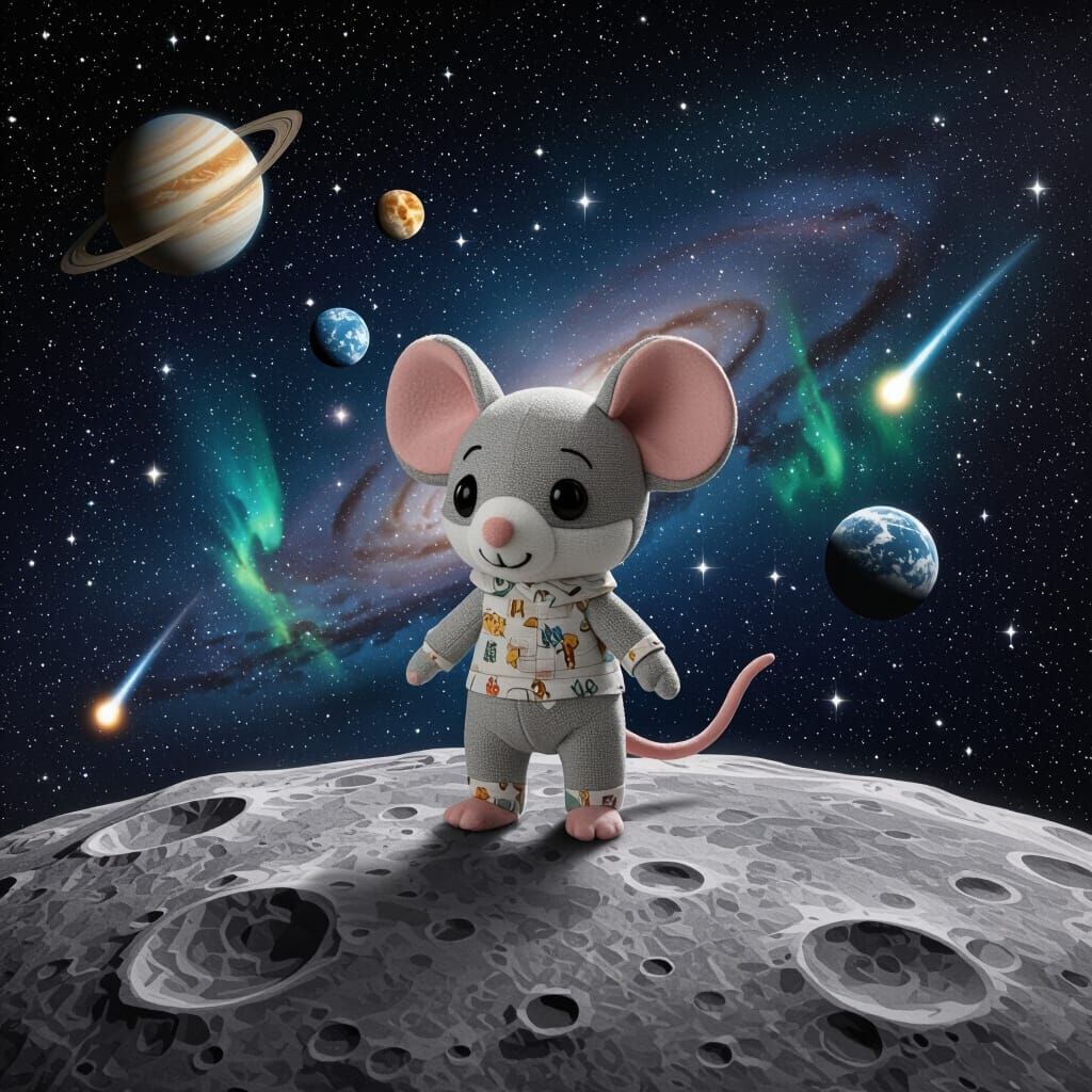 Chibi Mouse on Moon with Starry Night Sky