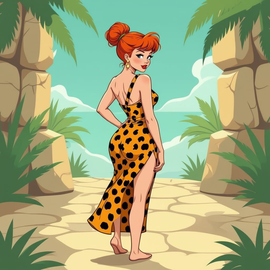 Red Haired Woman on Catwalk in Minimalist Leopard Dress