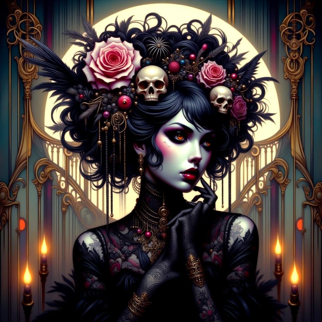 Gothic Japanese Witch with Flowers and Skulls