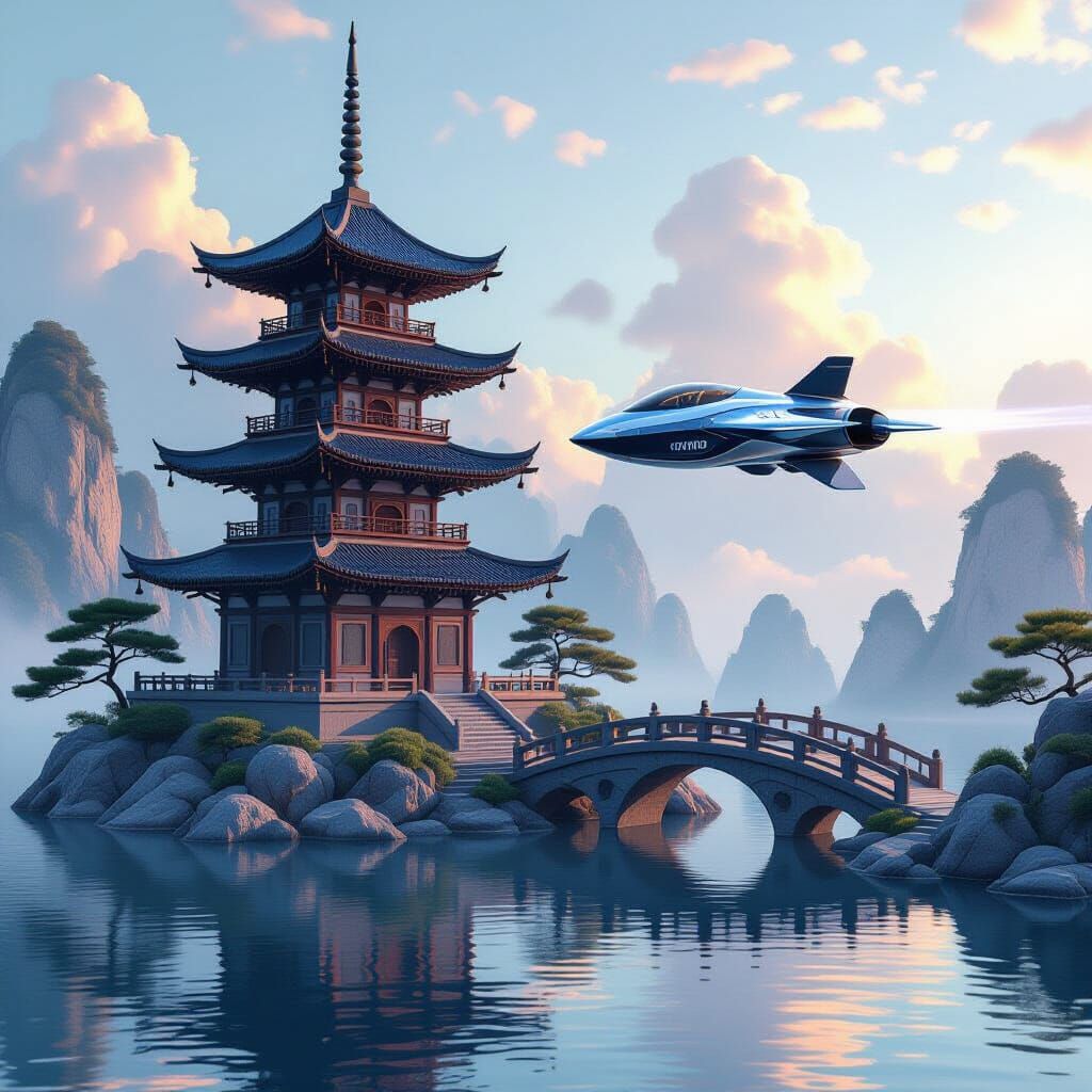 Futuristic Spaceship Soars Past Ancient Pagoda in Watercolor...