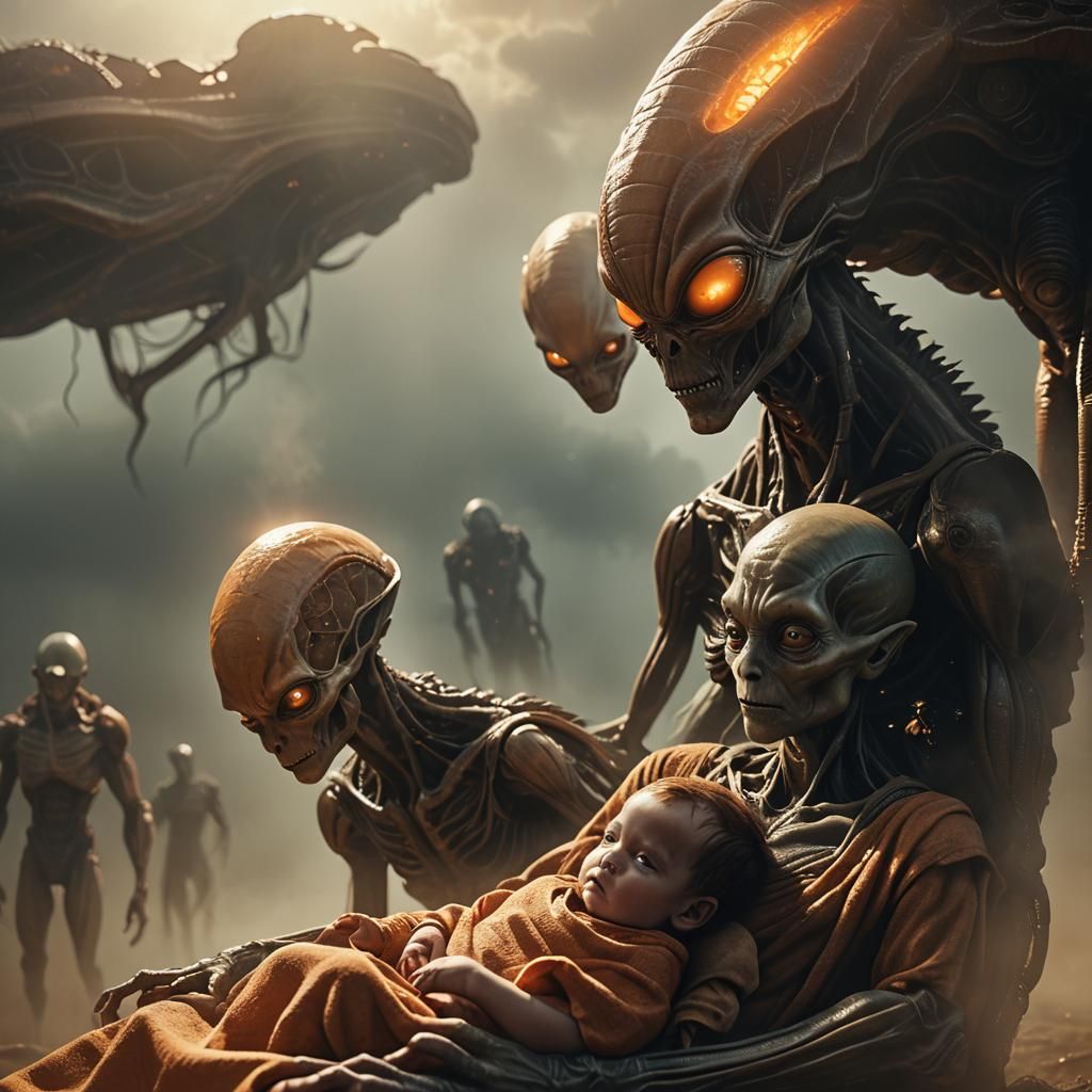 Alien Family Basking in Sunlight: Hyper-Realistic Film Still