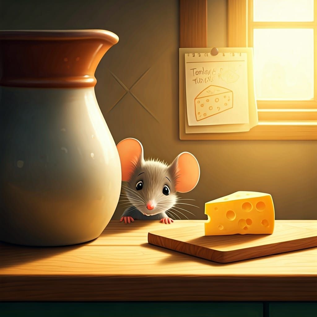 Shy Mouse in Cozy Kitchen Illustration