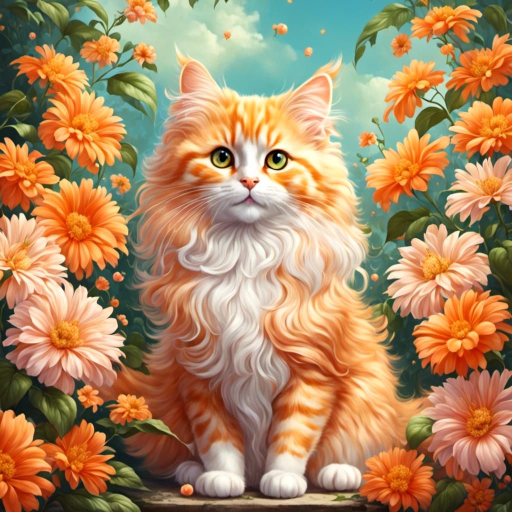 Hyperreal Orange Cat in a Field of Flowers