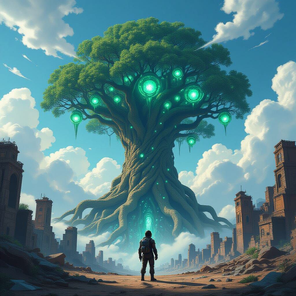 Cybernetic Explorer and Ancient Tree on Alien Planet