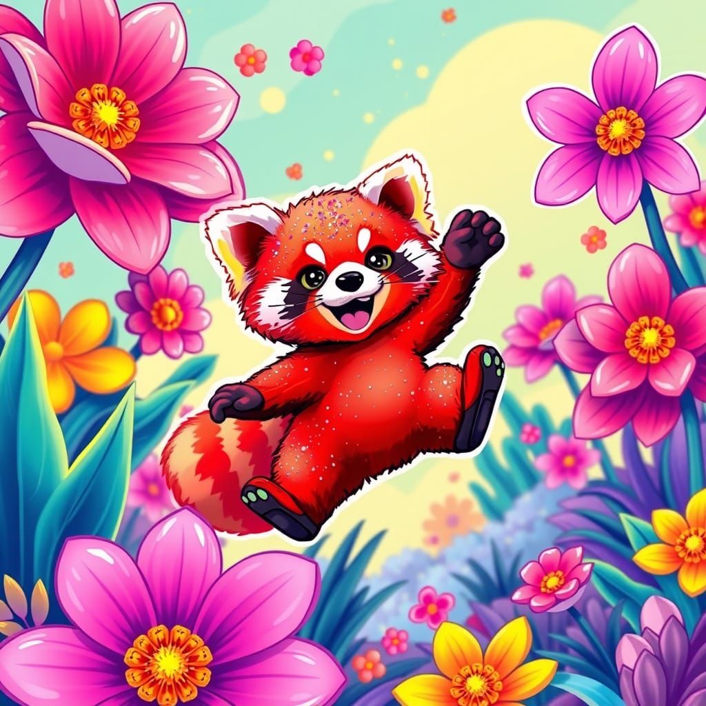 Vibrant Red Panda Leaping in Neon Flora