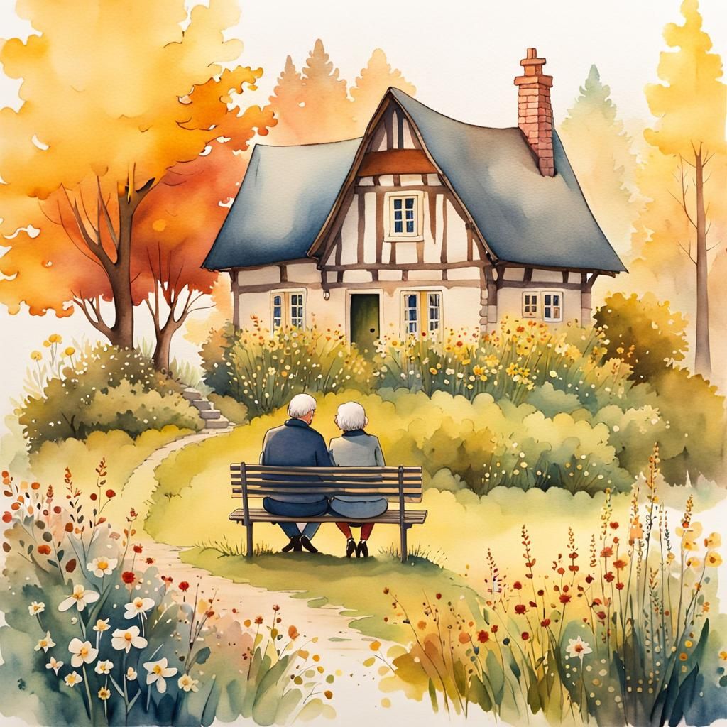 Cozy Autumn Cottage Scene in Watercolor Style