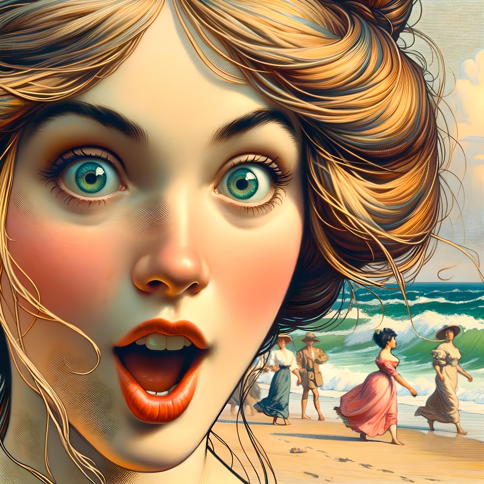 Expressive Woman on Beach in 19th-Century Illustration Style
