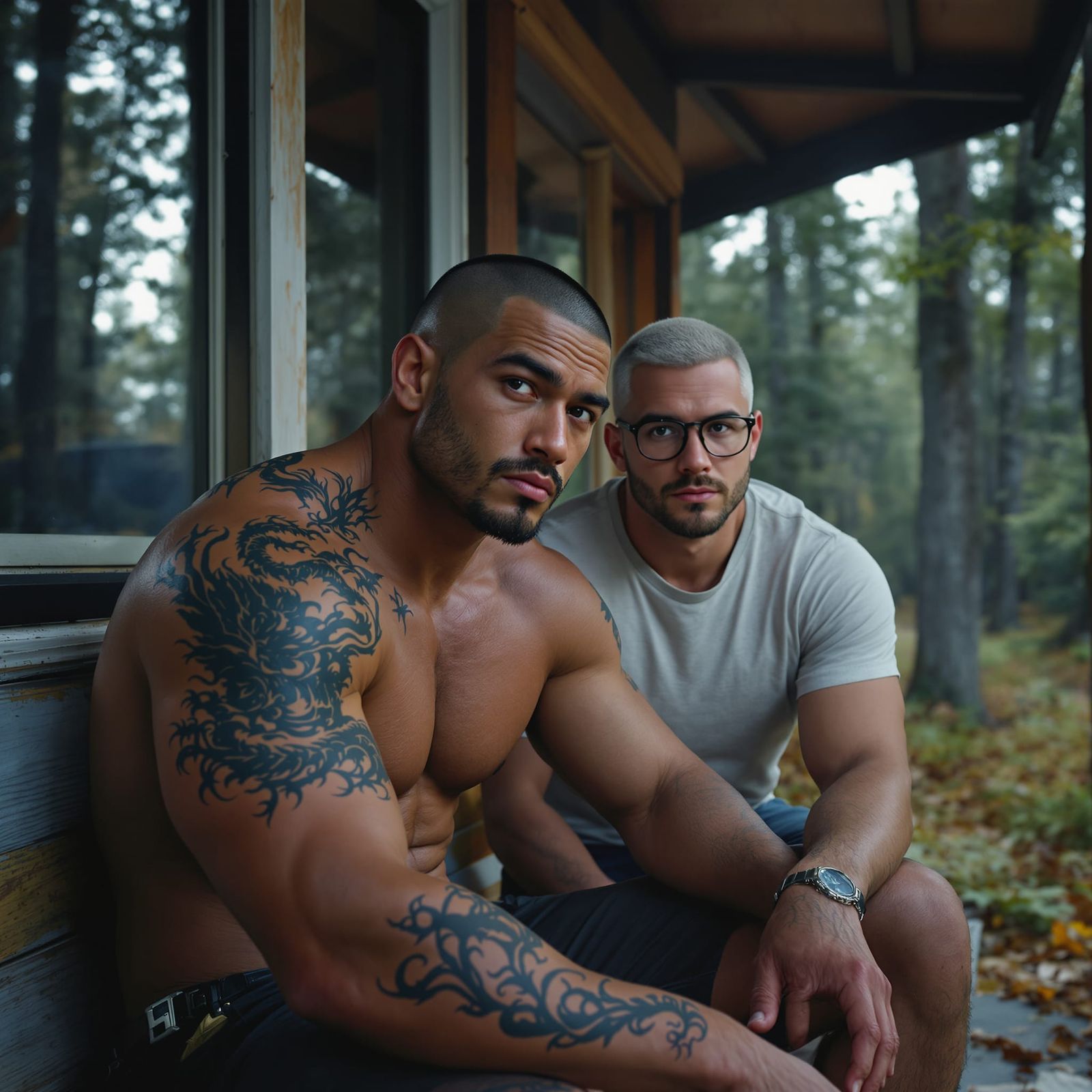 Asian Athlete & Boyfriend on Cabin Porch