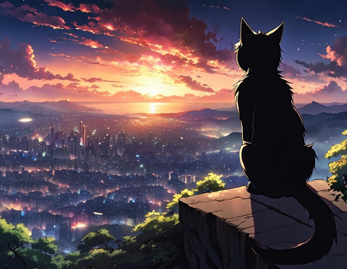 Anime Cat Girl Silhouette Over Dark Cityscape