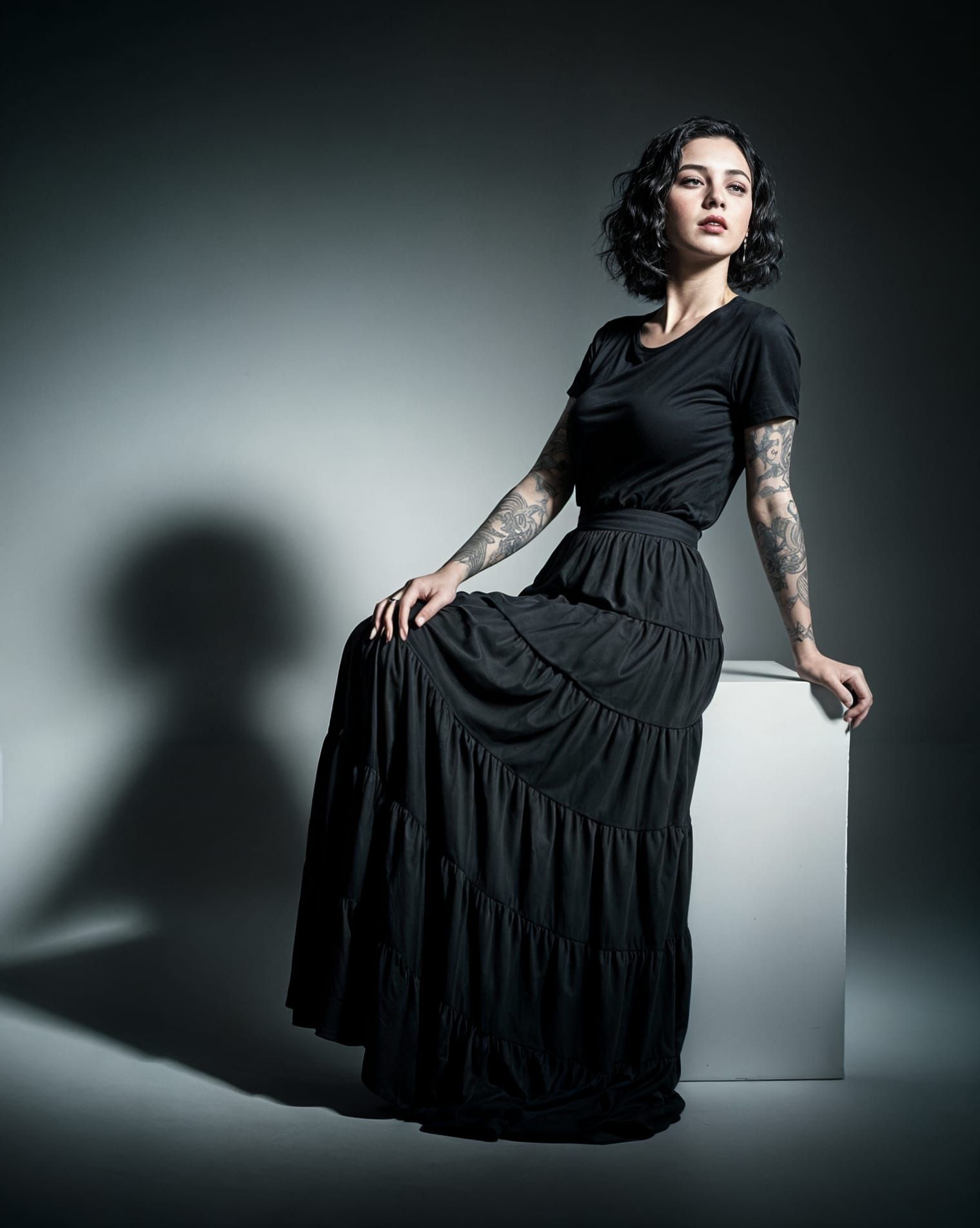 Elegant Woman in White, Clad in Black, with Intricate Tattoo...