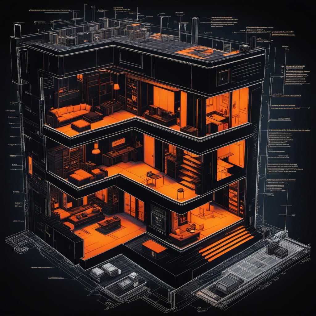 Cyberpunk Apartment Blueprint Sketch with Grunge Effects