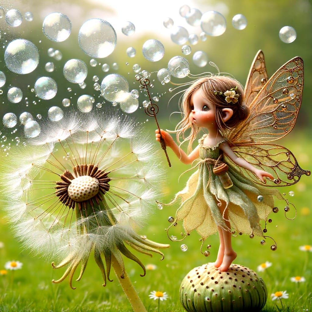 A tiny fairy perched on a dandelion seed head, blowing a stream of shimmering bubbles into the air.