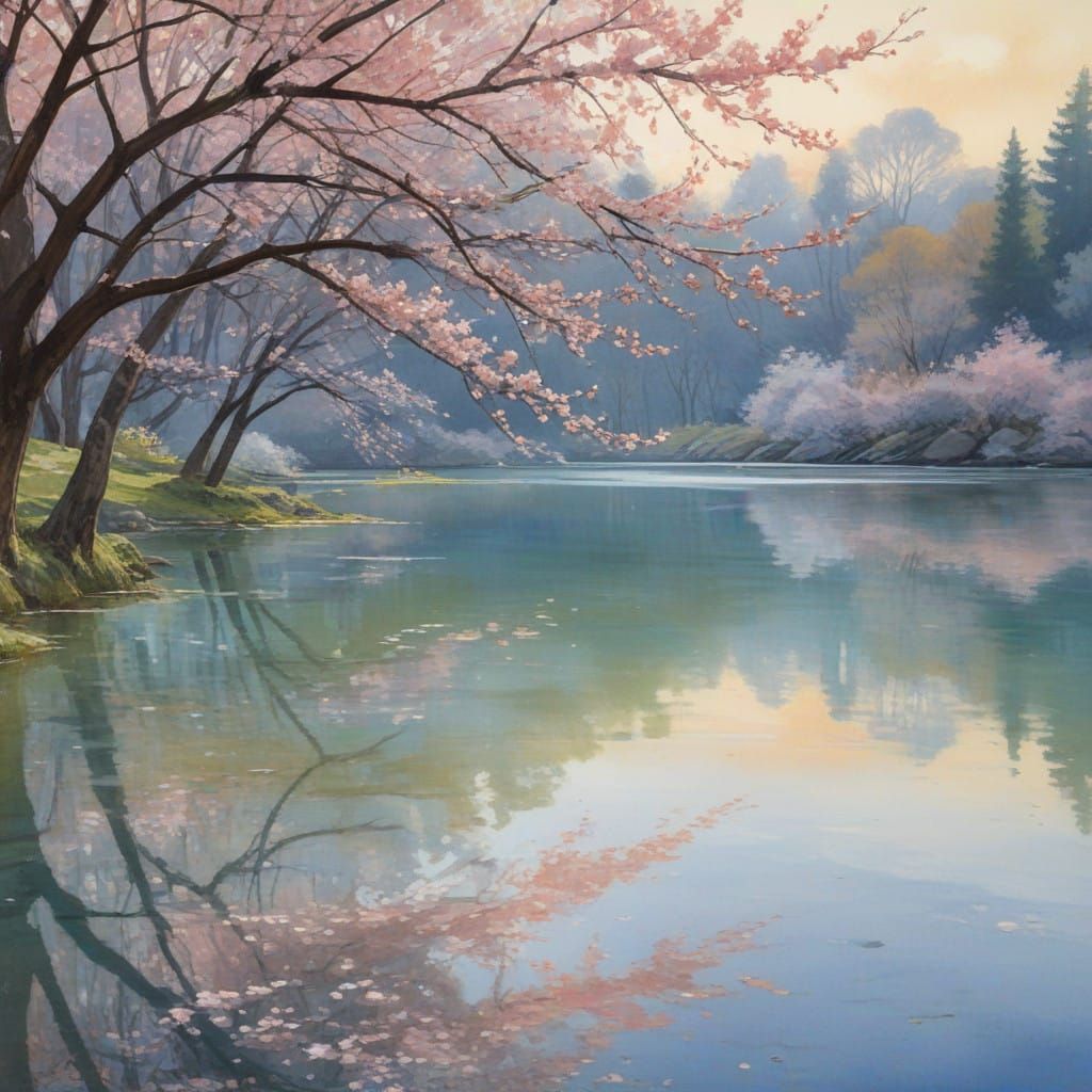 Ethereal Cherry Blossom Scene by a Tranquil Lake