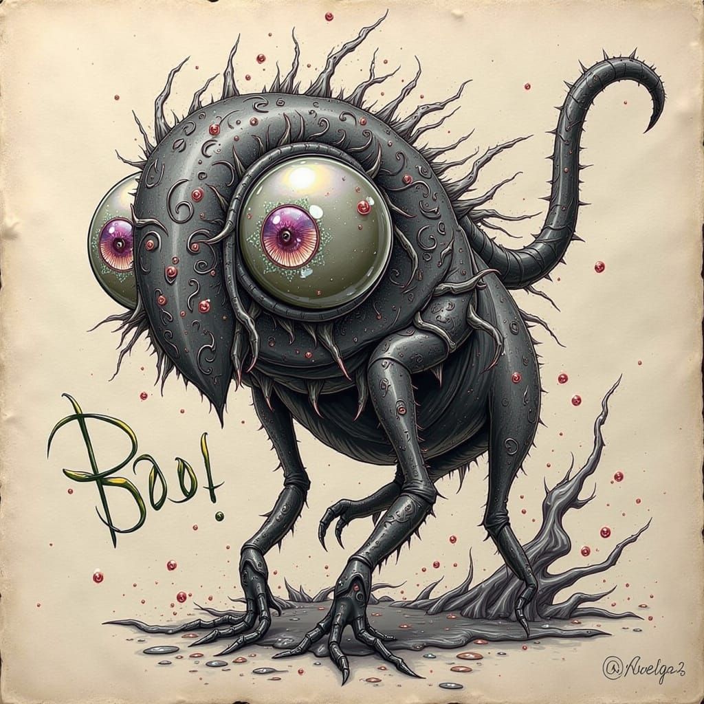 Whimsical Ink Creature in Surreal Fantasy Scene