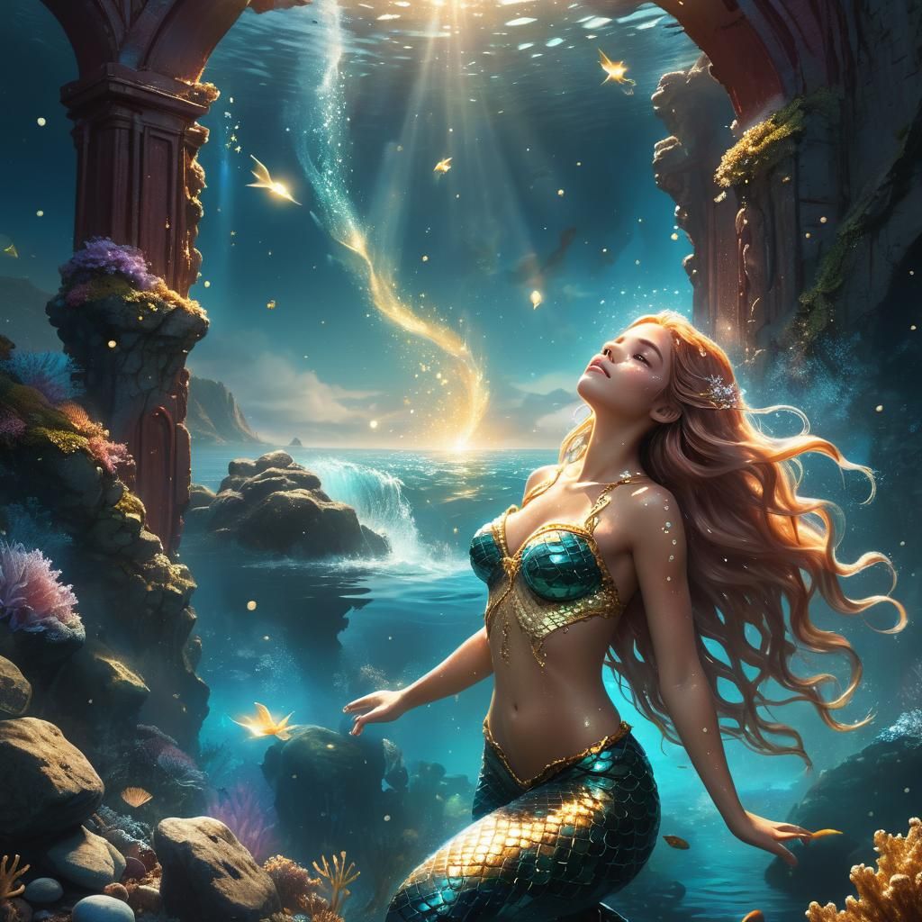 Underwater Mermaid Cries at Starry Golden Gate