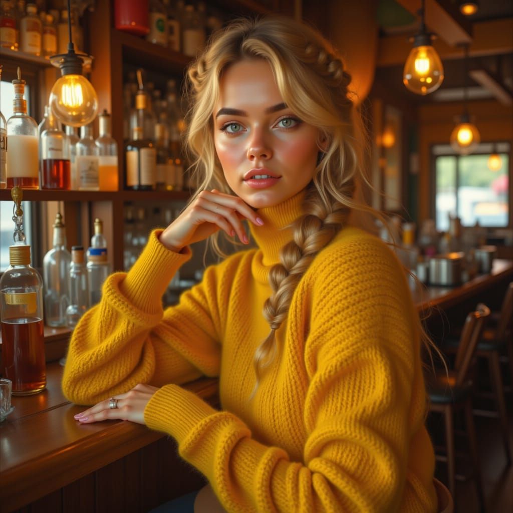 Woman in Yellow Sweater at Rustic Bar, Art Nouveau Style