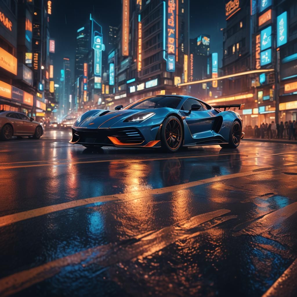 Super Car Speeds Through Neon Cityscape