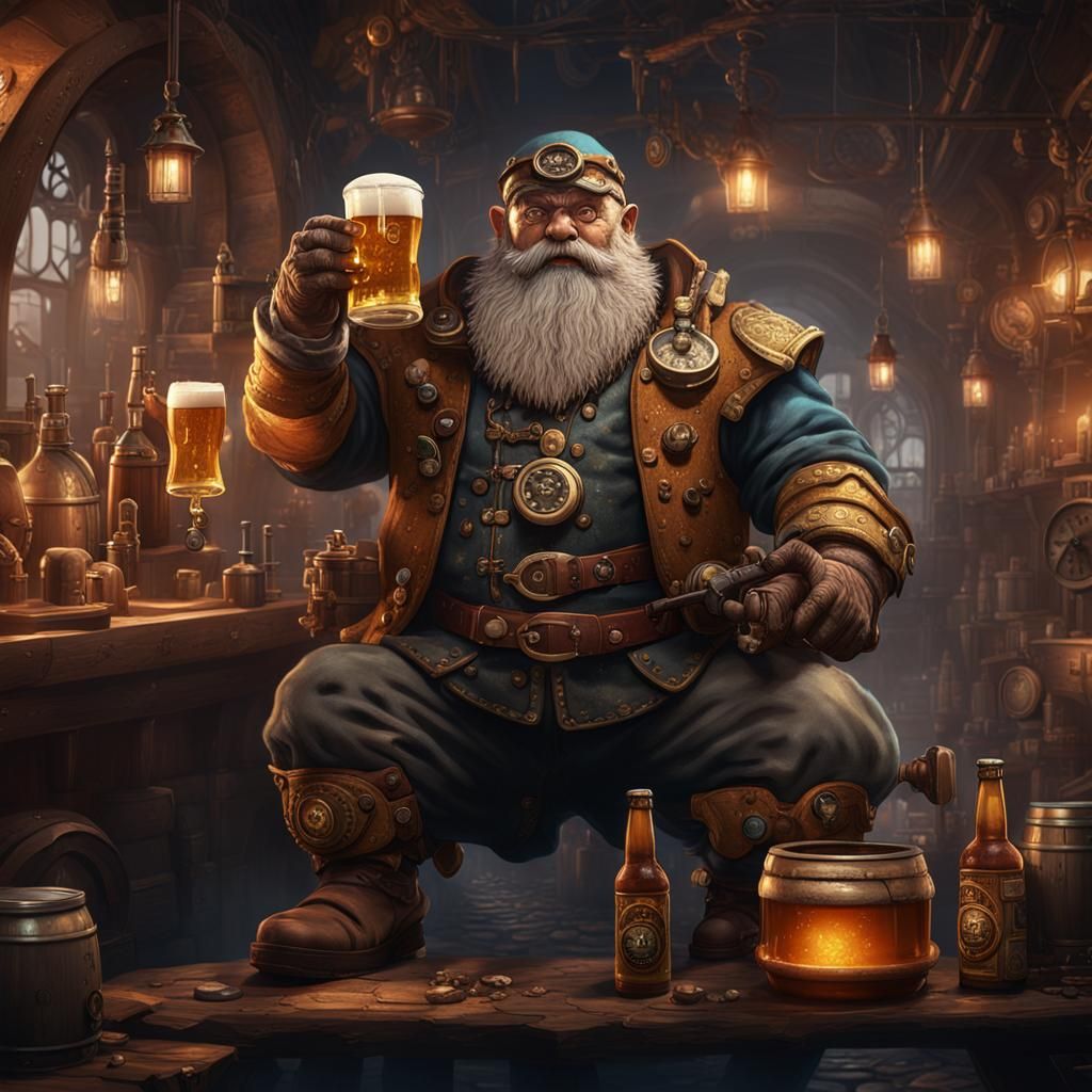 Steampunk Dwarf Brewing Beer: Detailed Fantasy Art