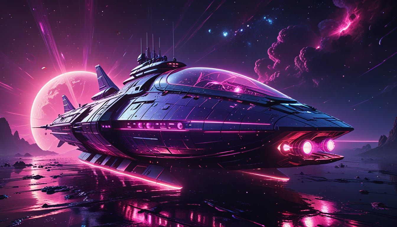 Cyberpunk Spacecraft Sails Through a Radiant, Dreamlike Gala...