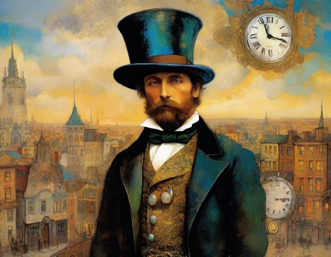 Steampunk Gentleman in Victorian Sci-Fi Cityscape