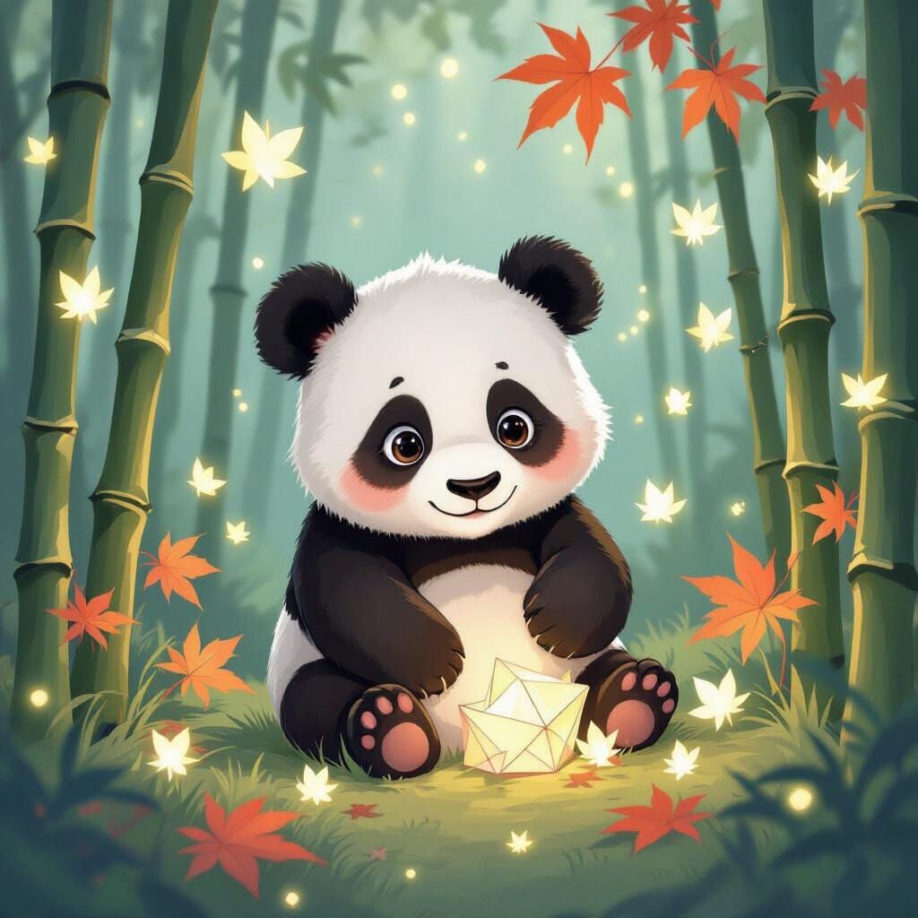 Playful Panda Cub in Luminous Origami Grove