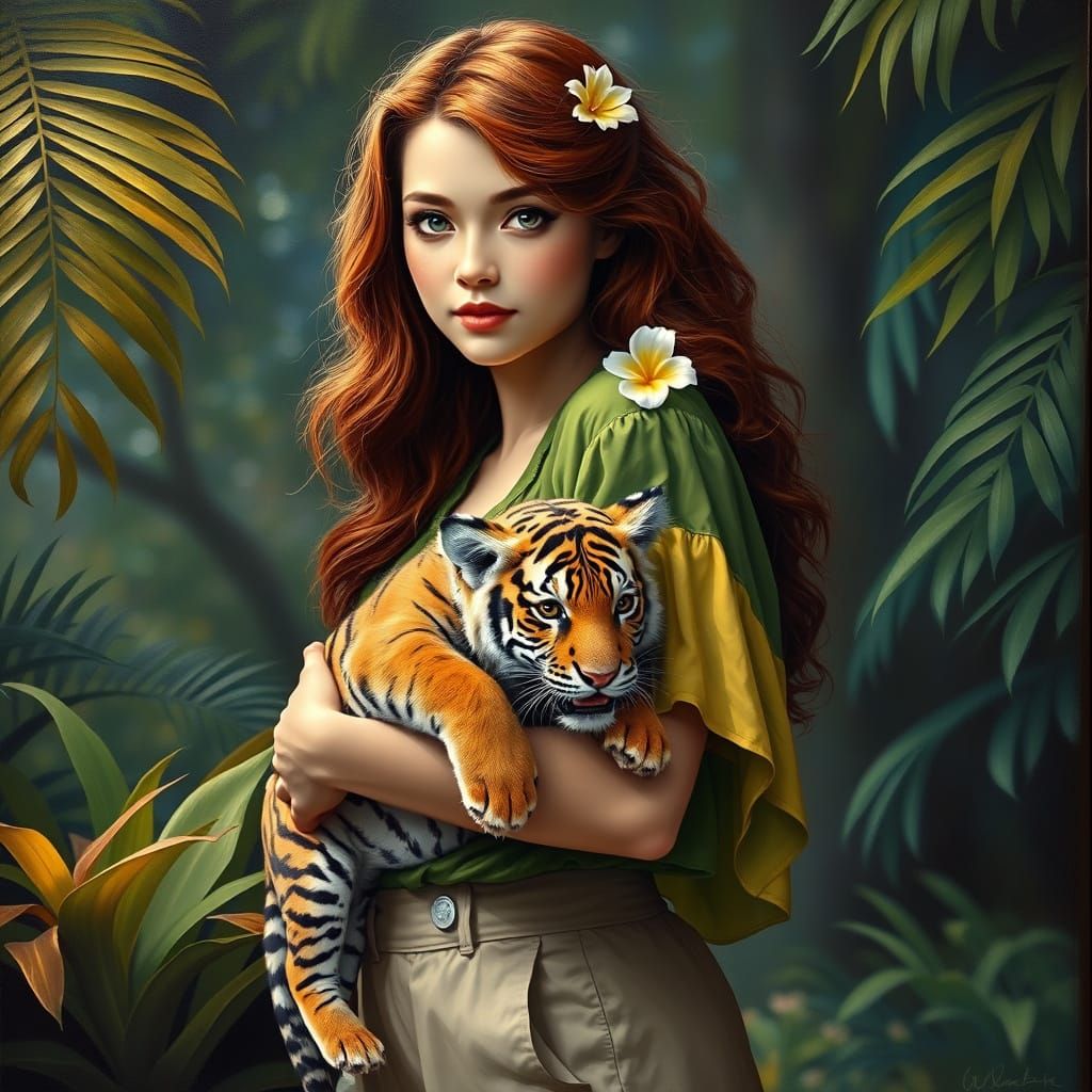 A young woman with lush chestnut hair, with a delicate flowe...