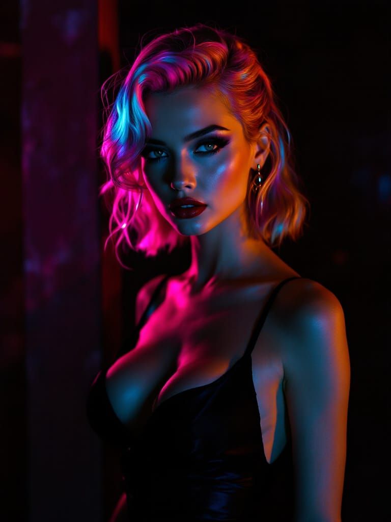 Blond Pin-Up Woman in Neon Noir Style