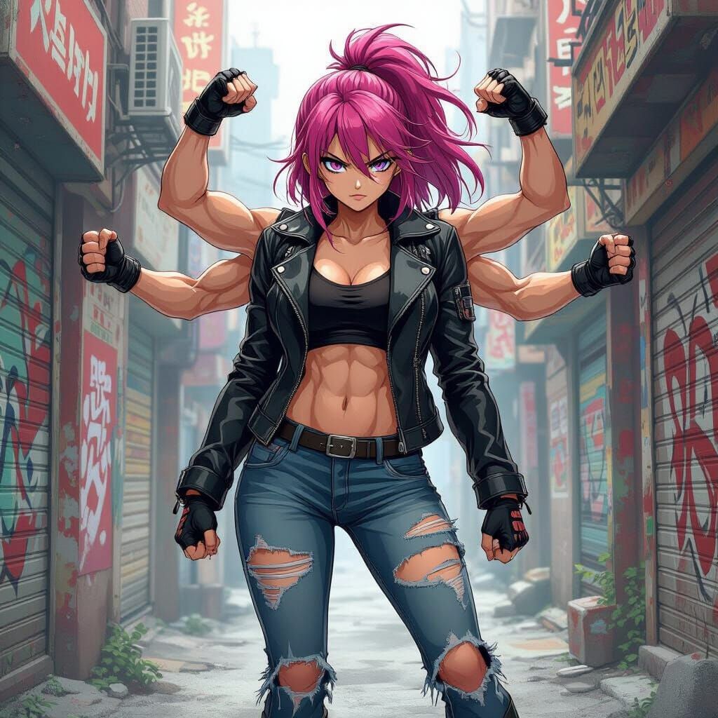 Fierce Four-Armed Anime Girl in Urban Alleyway