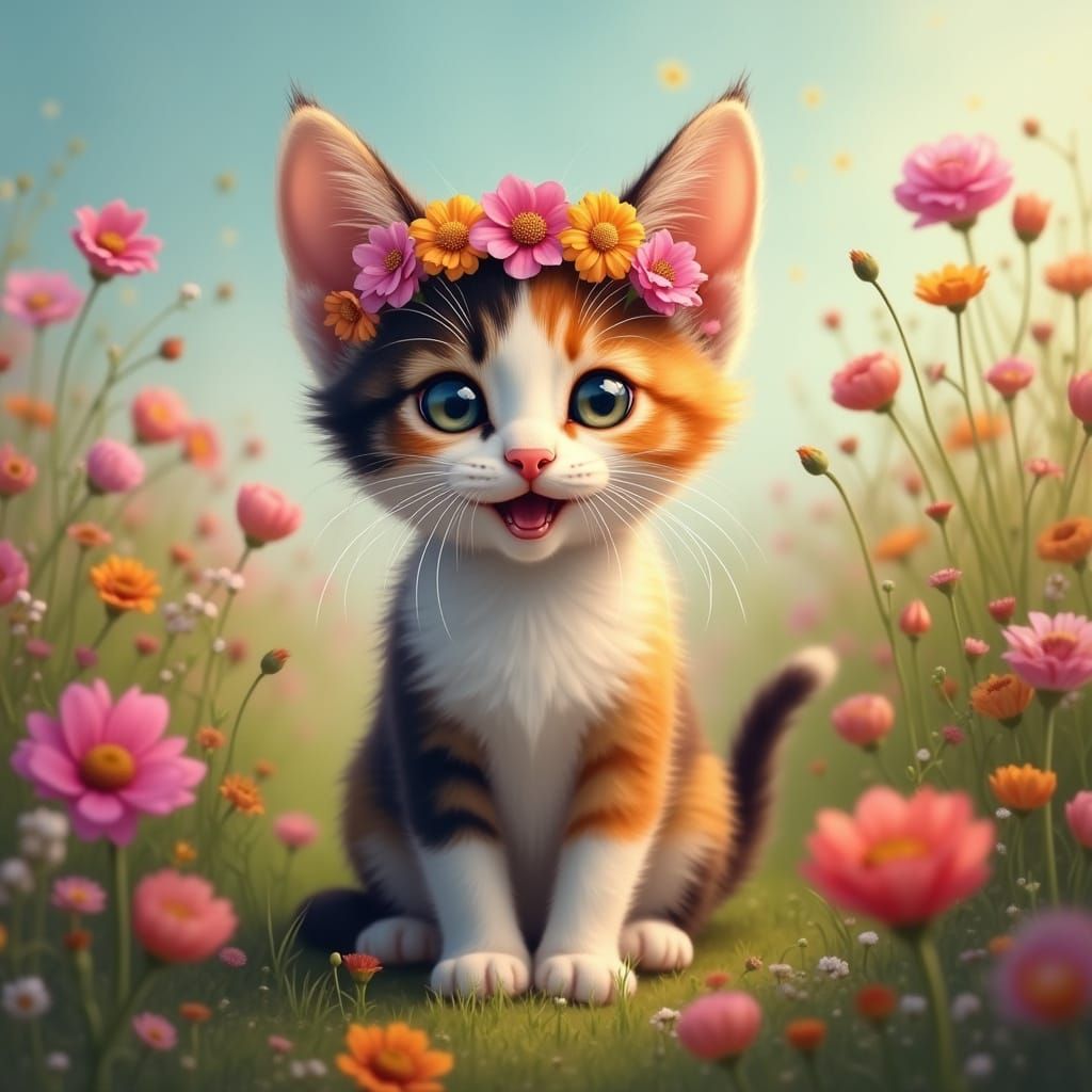 Whimsical Calico Kitten in Vibrant Wildflower Field