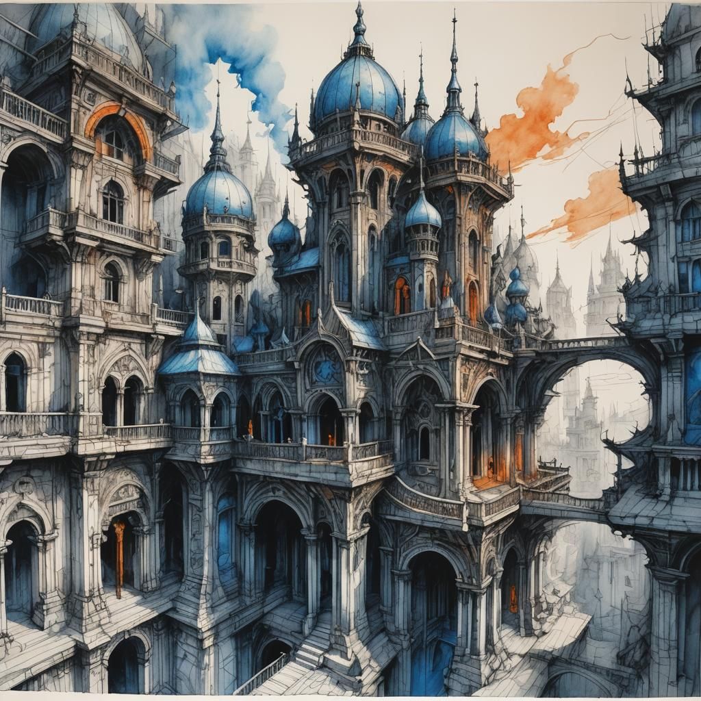 Intricate Architectural Sketch in Charcoal