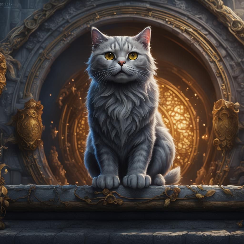 Gray Cat Waving Goodbye in Detailed Matte Painting