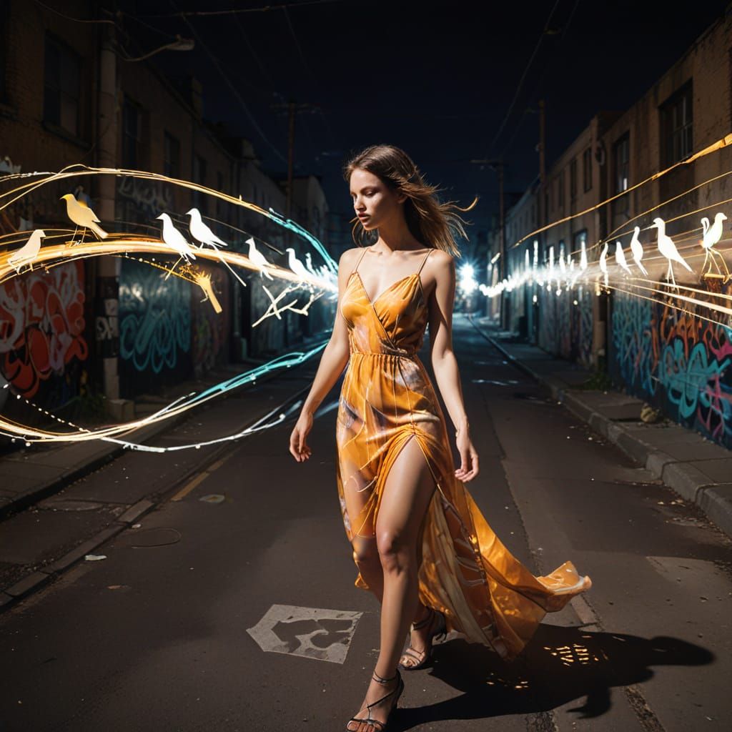 Graffiti Goddess in Radiant Urban Nightscape