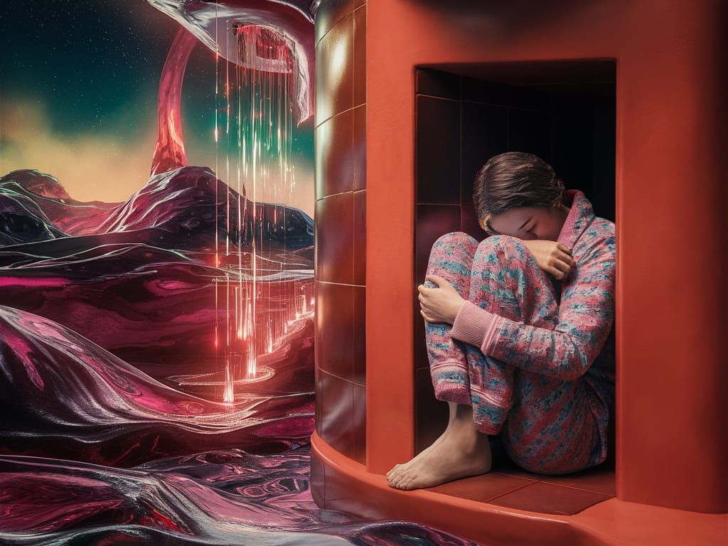Surreal Landscape with Figure in Cozy Pajamas