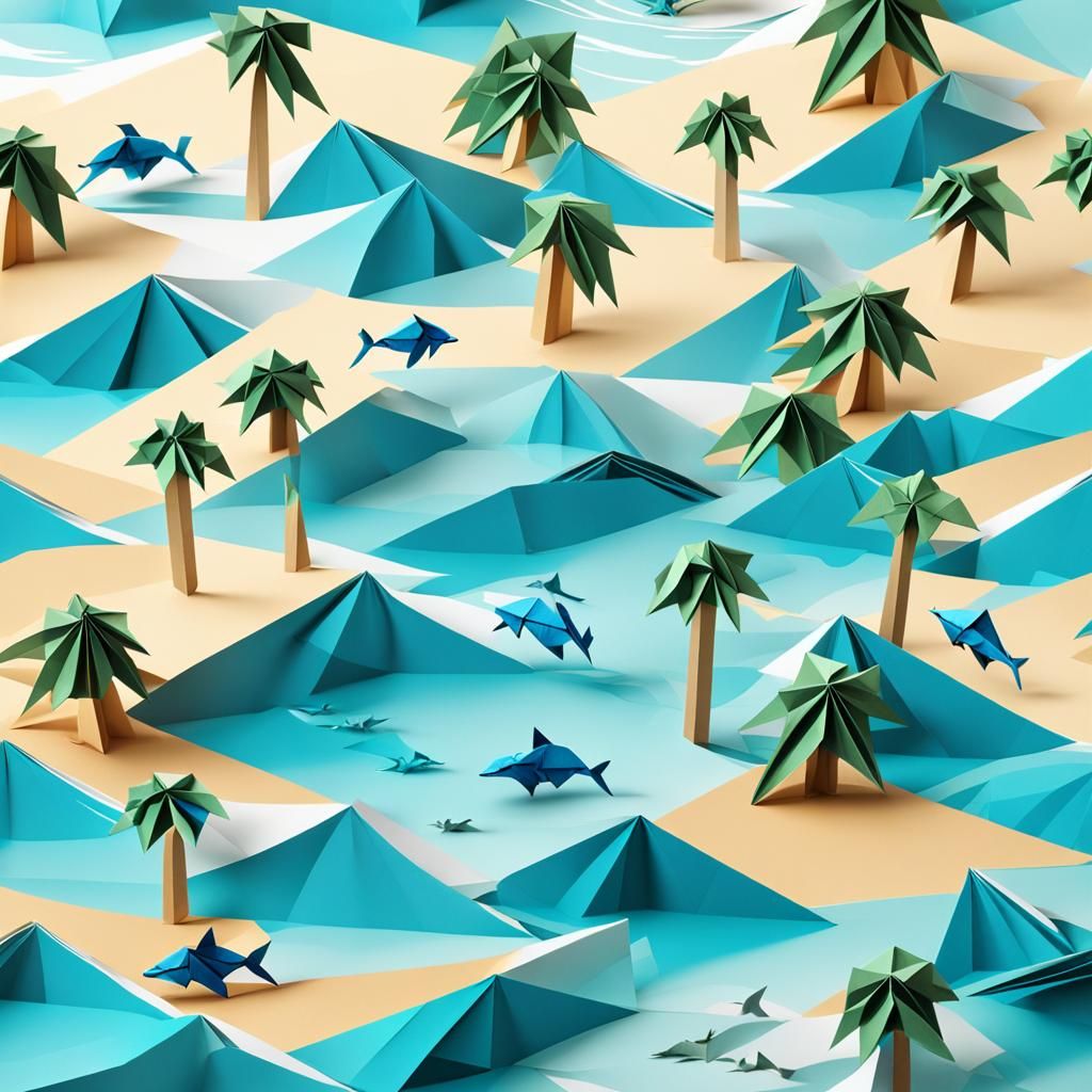 Origami Palm Trees and Dolphins on Sunny Beach