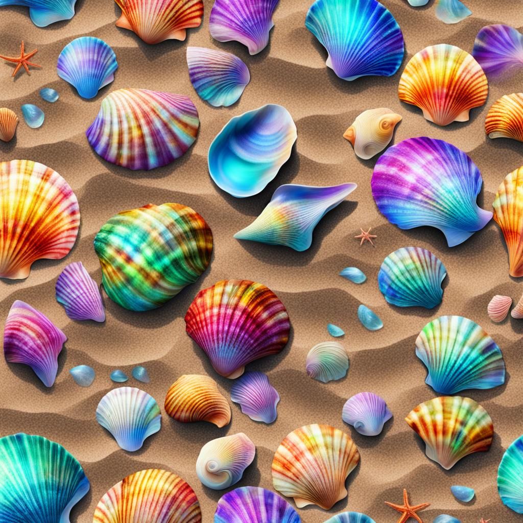 Colorful Shells on Beach: Holographic Astral Illustration