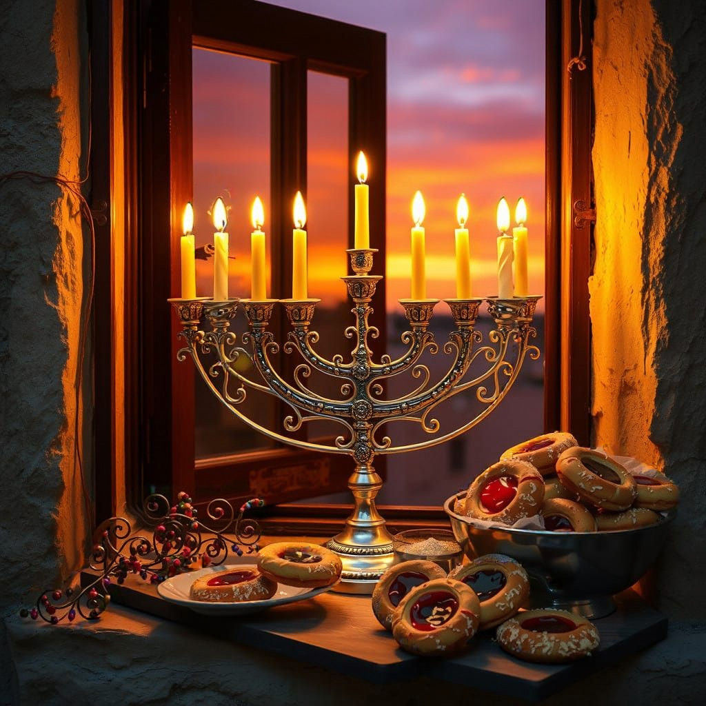 Stunning Hanukkah Menorah in Silver, Set Against Jerusalem S...