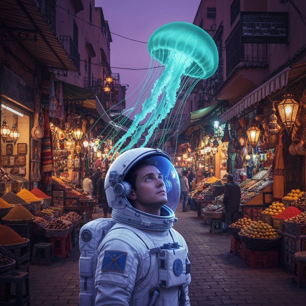 Astronaut Gazing at Bioluminescent Jellyfish in Moroccan Mar...