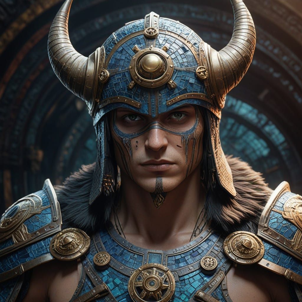 Vibrant Fantasy Warrior Mosaic in Eerie, Neon-Lit Environmen...