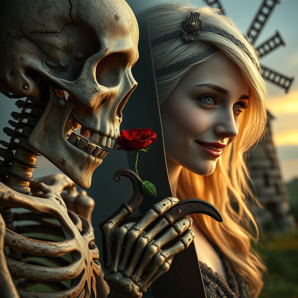 Skeleton with Mushrooms and Rose, Fantasy Concept Art