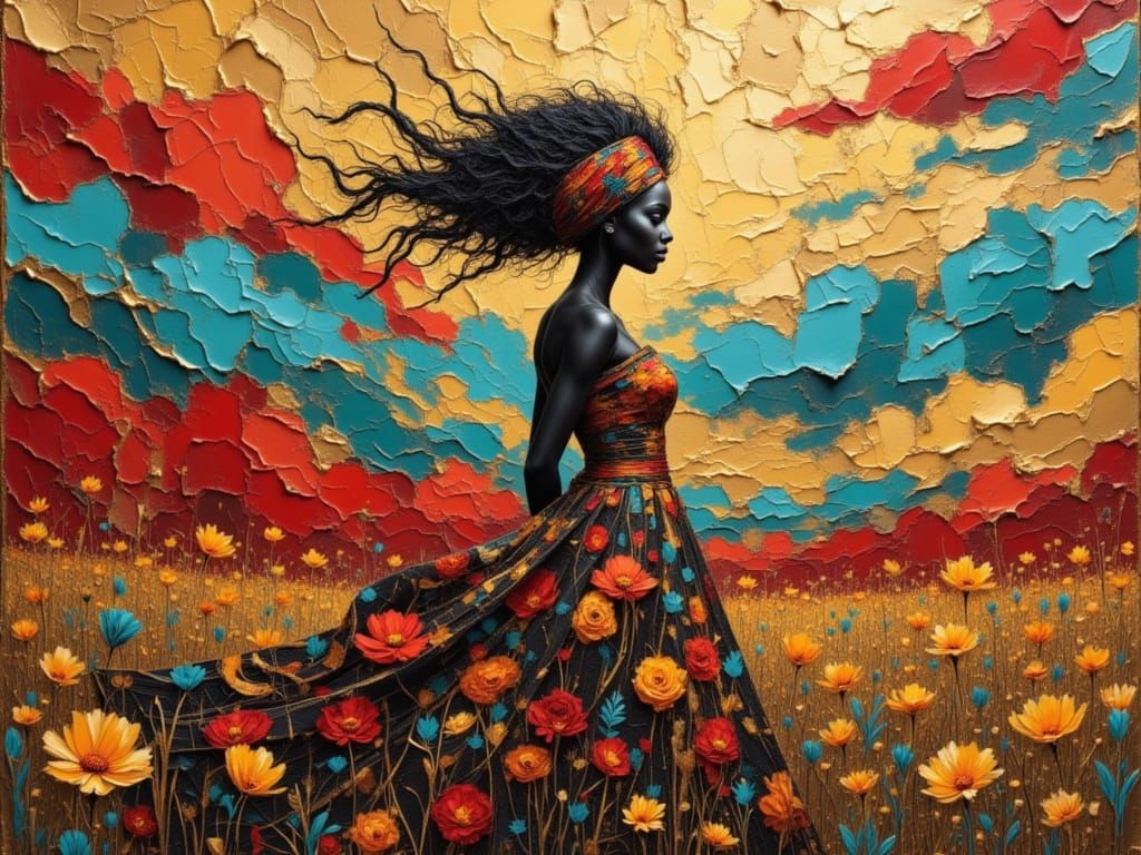 African Woman in Flowing Dashiki, Fractal Background