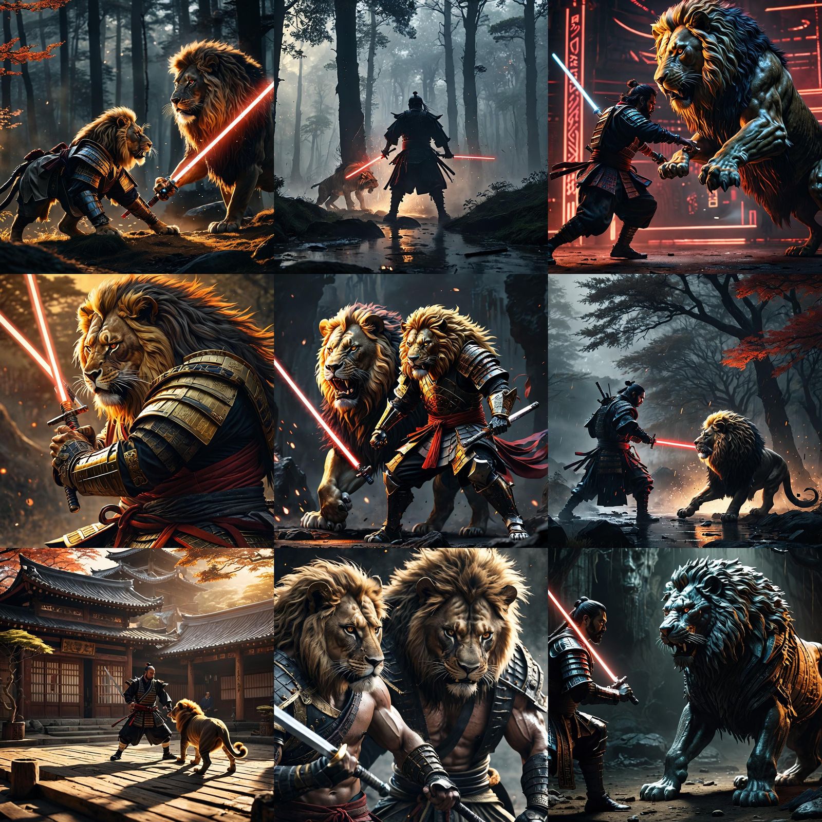 Samurai and Lion Battle with Lightsaber and Katana