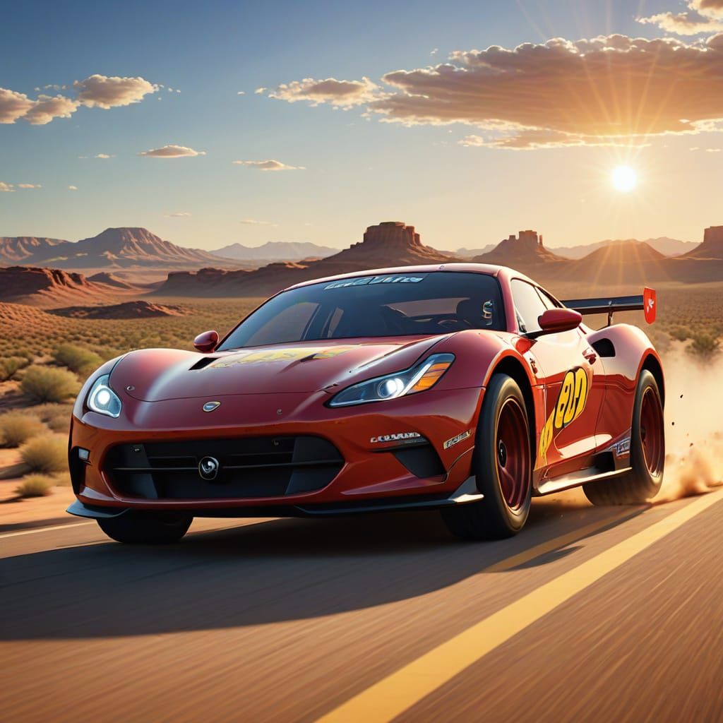 Lightning McQueen Speeds Across a Desert Road in Vibrant Dig...